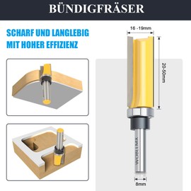 WOBLLMX 8 mm Shank Flush Cutter, Diameter 19 mm, Working Length 50 mm, with Ball Bearing, Carbide Blade, Handy, Durable and Sharp for Woodworking, DIY at Home