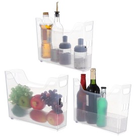 OMISTAR 3 Pcs Clear Plastic Pantry Storage Organizer Bins, 13.4 x 9.8 x 3.5 in Rolling Storage Baskets with Wheels and Handles, Stackable Freezer Organizer Bins for Kitchen, Office