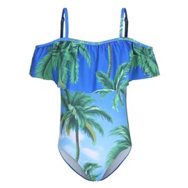 Aisyee Big Girls One Piece Swimsuits Off Shoulder Bathing Suit Hawaiian Floral Swimwear for Kids Palm Sky Off Shoulder Size 12/10-12 Years