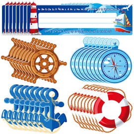 Patelai 64 Pieces Nautical Theme Nameplates and Sailing Paper Cutouts Set with Glue Point Dots Name Tags Classroom Name Tags Nautical Bulletin Board Border for Teacher Kindergarten Office Decorations