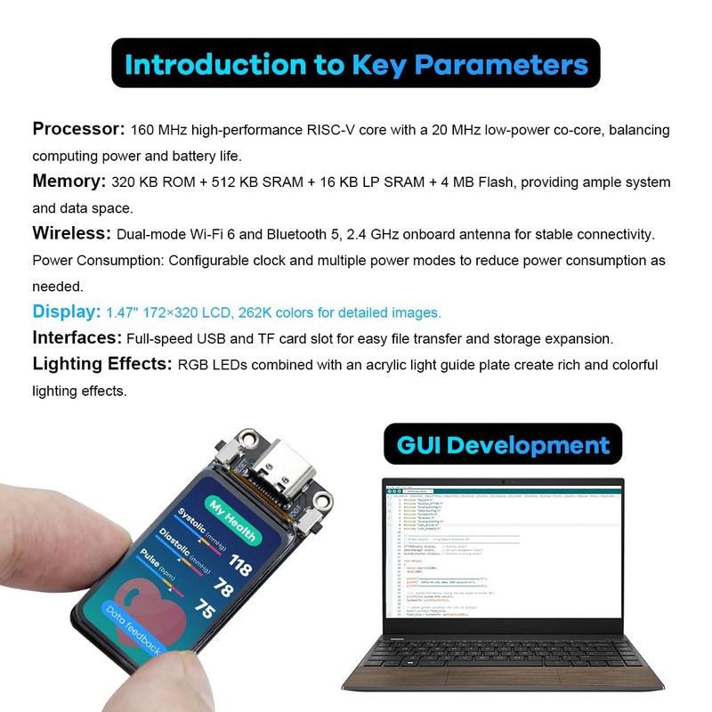 LAFVIN ESP32-C6 Development Board with 1.47inch 172×320 262K LCD Display,