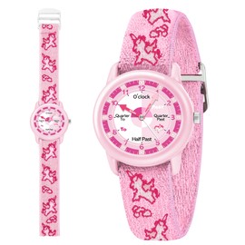 Kids Watch With Elastic Fabric Strap - Waterproof Analog Timepiece for Ages 3-12 | First Watch for Children | Fun Learning | Ideal Gift for Toddlers, PinkUnicorn, Modern