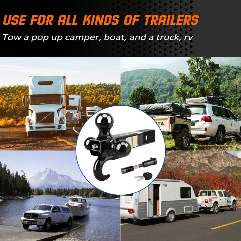 MEOTWARE Trailer Hitch Tri-Ball Mount with Hook - Heavy Duty