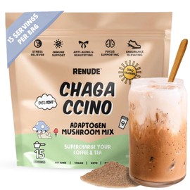 Renude Chagaccino - Chaga Mushroom Powder, Mushroom Coffee Drink Mix with Adaptogens, Natural Energy and Immune Support, Vegan, Keto, Zero Calorie Mushroom Blend Powder - 15 Servings