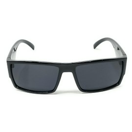 WD Shades - Mens Slim Black Rectangle Sunglasses Wrap Around Biker Style Dark OG Shades (Black Gloss Plain Arm, Smoke)