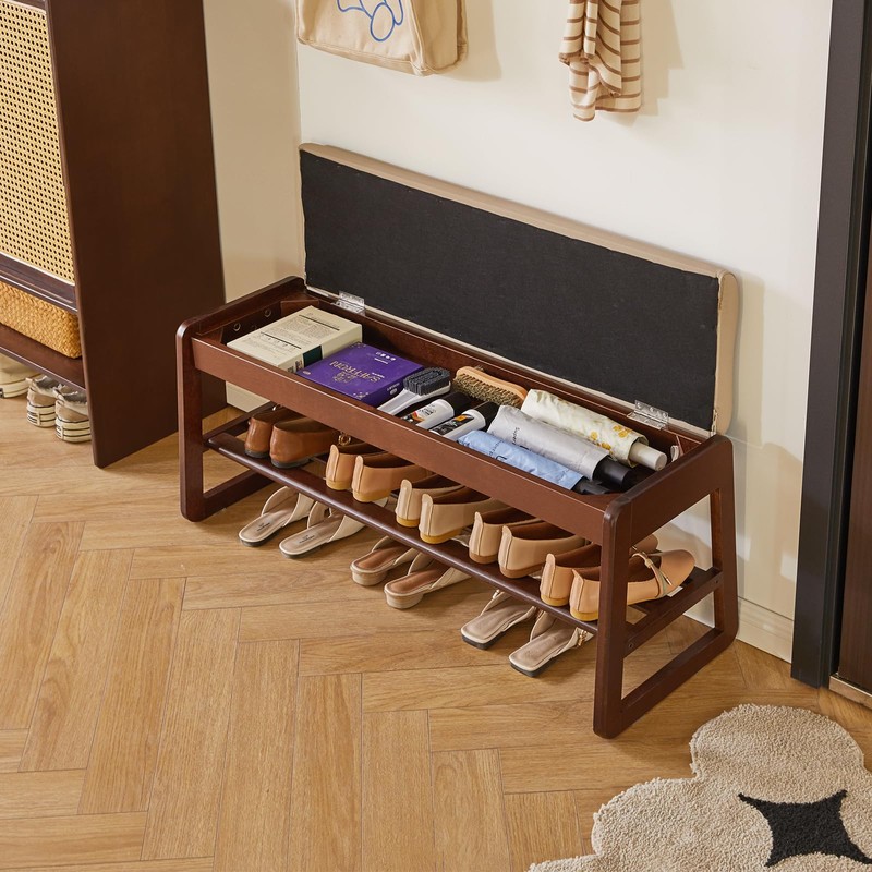 Aibiju Shoe Rack Bench with Cushion, 2 Tiers Wood Shoe