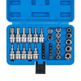CASOMAN 34 Pieces 3/8-Inch Drive Torx Bit Socket and E-Torx (Star) Socket Set, CR-V & S2 Steel, E4-E20, T10-T60, Tamper Proof TT10-TT55, 5/16"F to 3/8"M Adapter