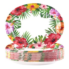 Grencian 50 Pcs Hawaiian Luau Oval Paper Plates 10"×12" Large Tropical Aloha Party Plates Disposable Heavy Duty Hawaiian Floral Luau Serving Tray for Summer Beach Birthday Party Supplies Decorations
