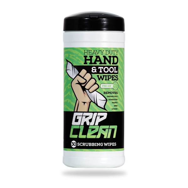 Grip Clean Heavy Duty Cleaning Wipes, Hands, Tool, & Surfaces, Waterless, Auto Mechanics & Tool Cleaner Wipes- Citrus Scented Cleansing Wipes Remove Grease, Oil, Paint, Inks & more (30ct)