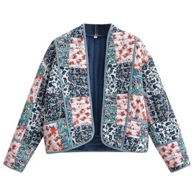 Wyeysyt Women's Cropped Puffer Quilted Jacket Cardigan Floral Printed Lightweight Long Sleeve Open Front Short Padded Coats(03Blue-L)