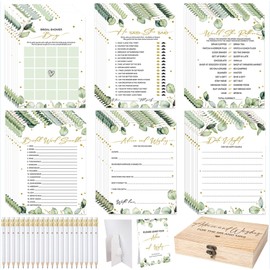 Silipull Bridal Shower Games Set for 50 Guests Includes Bingo, He Said She Said, Scramble, Would She Rather, Advice and Wishes Wedding Games Double Sided with Wooden Box, 20 Pencils (Greenery)