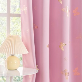 Jubilantex Rose Pink Metallic Gold Butterfly Blackout Curtains 63" Long for Girls Bedroom Nursery Grommet Window Curtains with Black Layer,2 Panels