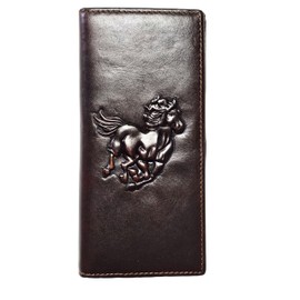 AurexaFashion Genuine Leather Bifold Long Wallet for Men, Retro Vintage Embossed Clutch with Zipped Coin purse & Credit card Slots. RFID Blocking. Horse- Coffee