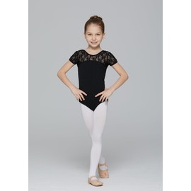 MdnMd Kids Children Girls' Black Lace Leotard for Dance Ballet Gymnastic Bodysuit (Black, Age 6-8)
