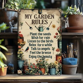 Seeyoo My Garden Rules Metal Tin Sign Gardening Decorations Gifts for Home Greenhouse Living Room Bedroom Yard Backyard Outdoor Decor 8X12 Inch