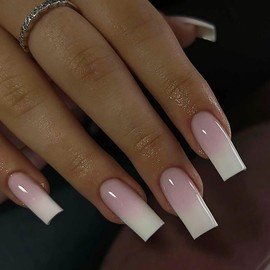 24pcs Ombre Press on Nails - Long Coffin False Nails with Glue - Pink White Square Stick on nails - Strong Gradient Fake Nails - Stick on nails French Tip Full Cover Long Lasting