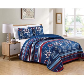Luxury Home Collection 3 Piece Full/Queen Oversized Quilted Reversible Coverlet Bedspread Bedding Set Coastal Sailing Ships Anchors Blue White Red Striped