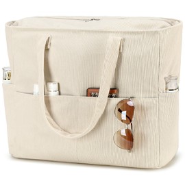 LEDAOU Large Beach Bag with Zip Women's Waterproof Shoulder Bag Tote Bag Shopper Sandproof with Zip Pool Fitness Travel Bag Family, Corduroy Beige