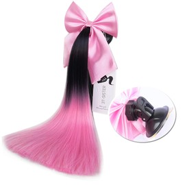 3T-SISTER Pigtails with Bow Knot 14inch Ponytail Decoration for Motorcycle & Bicycle Helmet Accessories - Reusable Suction Cup Design