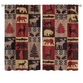 Kazynee Vintage Check Black Bear Rod Pocket Blackout Curtains for Living Room,Noise Reduction Rustic Country Farmhouse Cabin Elk Tree Plaid Window Treatment Drapes,2 Panels 63L x 36W