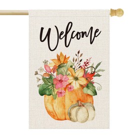 Fall Welcome Pumpkin Floral House Flag 28x40 Inch Vertical Burlap Flags Seasonal Holiday Outdoor Autumn Decor for Farmhouse Rustic Home Lawn Patio Outside Yard
