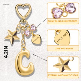 Suweibuke Gold Bubble Initial Letter Keychain, Women Girl Bags Charms Gift - Mother's Day Birthday Christmas Valentine's Gift (C-Gold Letter Pink Rhinestone)