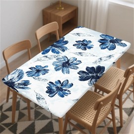 artslion Rectangle Waterproof Tablecloths Elastic Edge for Secure Fit-30 x 72 inch Wipeable Table Cover Non-PVC Fabric Painting blue flowers Designs Indoor Outdoor Use