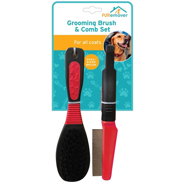 FURemover Grooming Brush & Comb Set, Suitable for All Coats, Includes One Flea Comb and One Dual-Sided Brush with Soft Bristles and Rounded Pins, Black and Red (1208A12-AMZ)