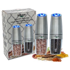 Gravity Electric Salt and Pepper Grinder Set, Stainless Steel Pepper and Salt Mills Shakers, Adjustable Coarseness, Battery Powered with LED Light, One Hand Automatic Operation, Silver (2Psc)