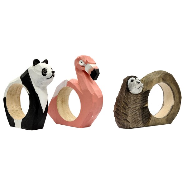 your castle Set of 3 napkin rings animals: sloth, panda and flamingo made of wood, hand-carved and hand-painted, approx. 9 x 7 x 2 cm