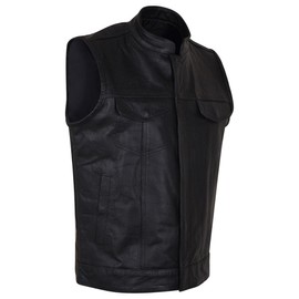 Men’s SOA Black Leather Motorcycle Vest with CCW Pocket, Premium Biker Club Vest with Zipper and Snap Front Closure (X-Large)
