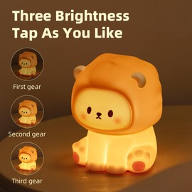 KinYiLO Cute Lion Night Light for Kids, Rechargeable Nursery Lamp with Timer, 3 Brightness Levels & Warm Light, Soft Silicone Baby Night Light, Tap Control, Gift for Toddlers