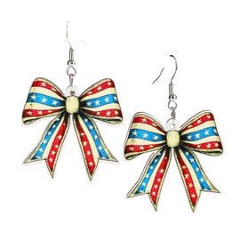 4th of July American Patriotic Wood Earrings for Women Red White Blue Bow Dangle Earring Lightweight Independence Holiday Memorial Day Decor Accessories-C