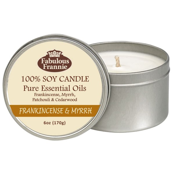 Fabulous Frannie All Natural Aromatherapy Soy Candle Travel tin Made with Pure Essential Oils 100 Hours Burn time 6oz (Frankincense & Myrrh Blend)