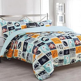 Sapphire Home 8 Piece Sports Squares Full Bedding Set for Boys, Bed in a Bag, Kids Comforter Set with Bed Sheets, Pillow Case, Toy Pillow, Toddler Bedroom Kit, Sports Room Decor for Boys, Full Size