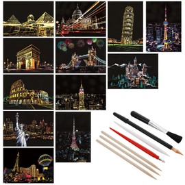 12 Pcs Scratch Art Paper Rainbow Scratch Paper with Scratching Tools Kit World Famous City Landmarks Scratch Art for Adults and Kids(A5 Size)