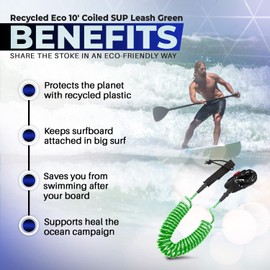 Wave Tribe Eco SUP Surfboard Leash - 10' Premium SUP Coil Leash, Strong Like Bull Paddleboard Leash with Double Stainless Steel Swivels, Triple Rail Saver, Key Pocket (Green)