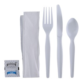Boardwalk Six-Piece Cutlery Kit, Condiment/Fork/Knife/Napkin/Spoon, Heavyweight, White, 250/Carton
