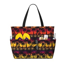 REVENEVER Women's Large Palm Tree Print Beach Tote Bag with Zipper, Waterproof, Sandproof, Multiple Pockets, Foldable, Lightweight