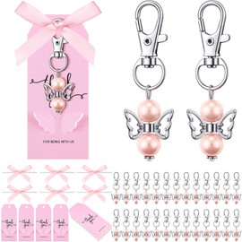 Hicarer 36 Set Baby Shower Favor Angel Keychain Bulk Thank You Tags Baby Girl Shower Favors Guest Return Baptism Gifts(Pink)