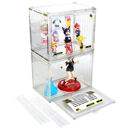 Clear Acrylic Display Case with Magnetic Lid - Stackable, Dustproof Showcase for Figurines, Collectibles, Jewelry, Dolls, Lipstick, Glassware - 3 Movable Tiers & Decorative Stickers Included,2 Pack