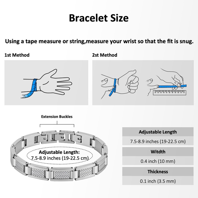 Feifuli Men's Stainless Steel Bracelet 7.5-8.9 Inches Solid Thick Chain