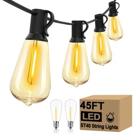 Abeja ST40 45Ft String Lights with 30 LED Vintage Light Bulbs(2 Spare), E17 Scoket Base, ST40 LED Patio String Lights UL Listed for Patio Backyard Garden Bistro Porch String Lights, Black