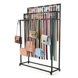 MikaYYeaga Belt Rack, 3-Tier Belt Organizer with 42 Hooks & Wheels, Tie Rack & Bag Rack for Retail Display, Multi-Layer Belt Hanger & Tie Hanger for Store (Black)