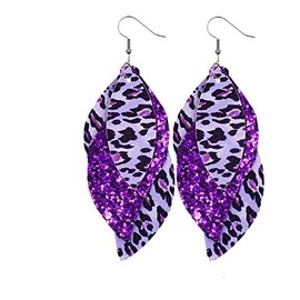 Colorful Layered S Shape Leather Dangle Earrings Shining Leaf Shape Leopard Print Earrings for Women Jewelry(B)