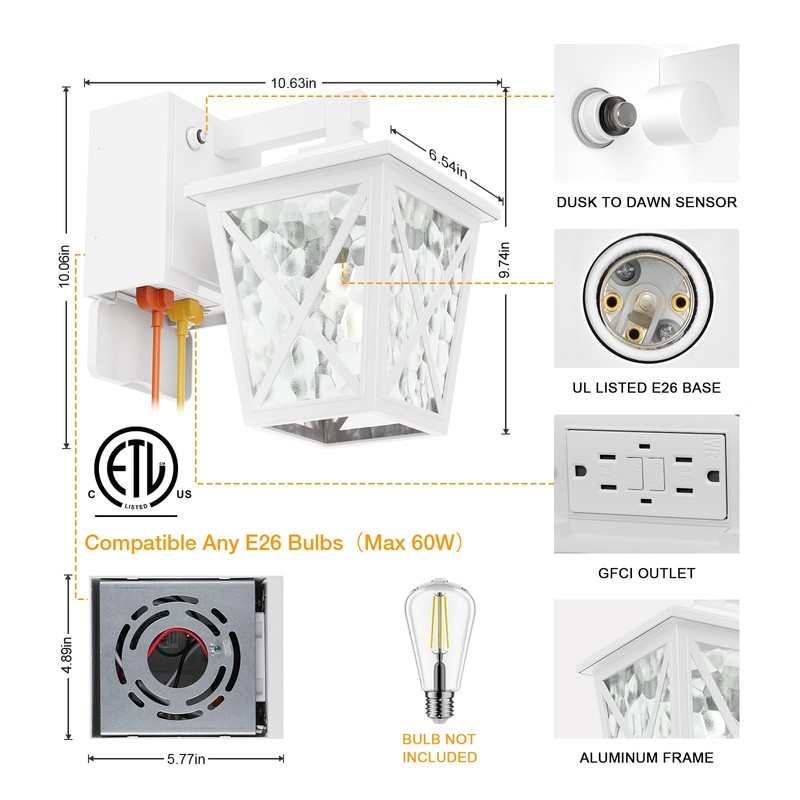 Ehaho Porch Lights with Outlet, Dusk to Dawn Outdoor Light