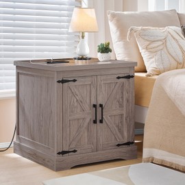 MAHANCRIS Farmhouse Nightstand with Charging Station, 24" Large End Table with Barn Door and Adjustable Storage Shelf, Square Grey Nightstand, Rustic Bedside Table for Bedroom, Living Room