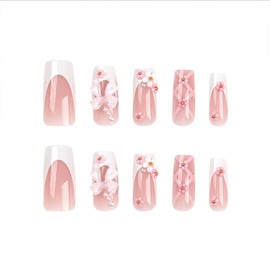 Press on Nails Long Square Almond Pink Fake Nails 3D Bow Tie Flower Stick On Nails with French Tip Artificial Nails Finger Manicure for Women Girls 24pcs