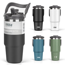 TYESO Tumbler with Straw, 33.1 fl oz (1,050 ml), Coffee Water Bottle, Thermos Flask, Hot and Cold Insulation, Kettle with Handle, Double Walled Construction, Wide Mouth, Large Capacity, Direct