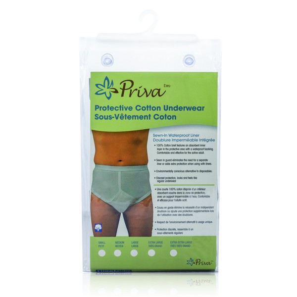 Priva Men's Protective 100% Cotton Underwear with Sewn in Waterproof Liner, Grey, Large, Machine Washable